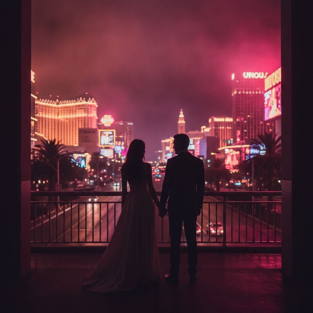 Couple silhouetted against neon Las Vegas Strip lights at night